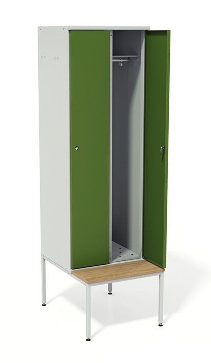 two section changing room locker with integrated bench 